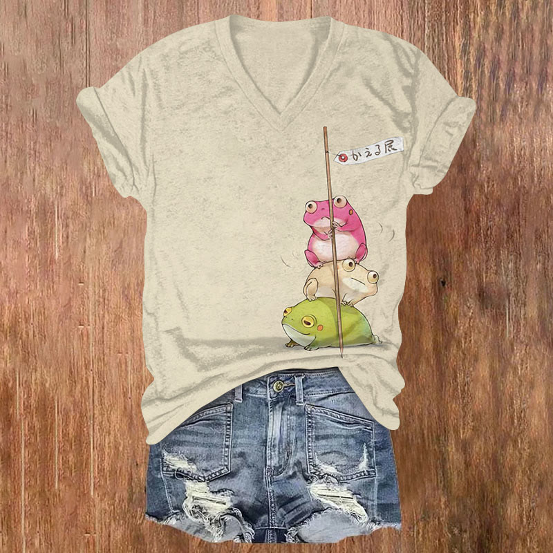 Japanese Art Frog Print V-neck T-shirt - Apricot - US32-34(5XL) - image 1
