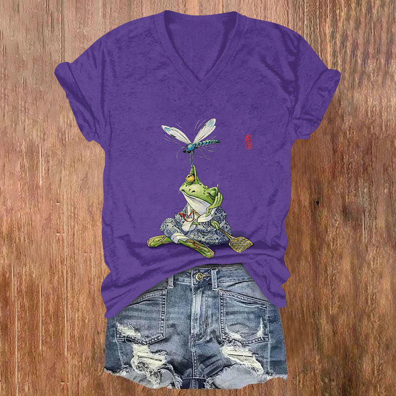 Japanese Art Frog And Dragonfly Print V-neck T-shirt - Purple - US32-34(5XL) - image 2