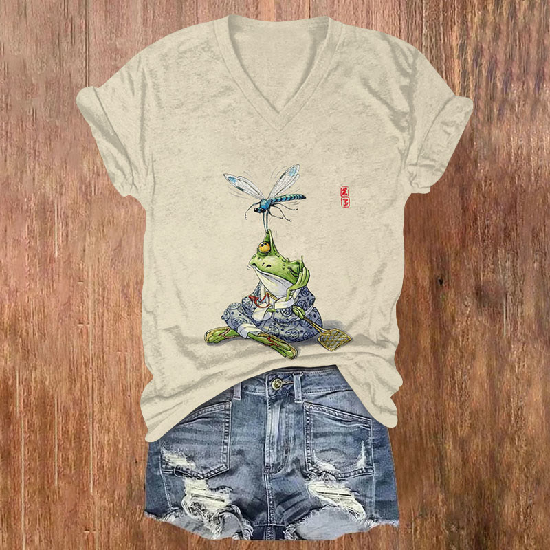 Japanese Art Frog And Dragonfly Print V-neck T-shirt - Apricot - US32-34(5XL) - image 1