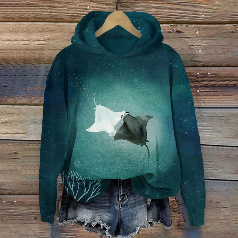 Manta Ray Print Long Sleeve Hoodie - Dark Green - US44-46(8XL) - image 1