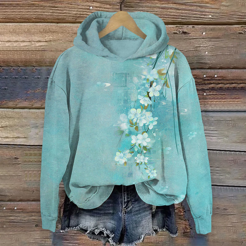 Japanese Style Watercolor Floral Print Long Sleeve Hoodie - Green - US44-46(8XL) - image 2