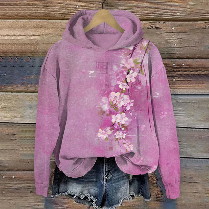 Japanese Style Watercolor Floral Print Long Sleeve Hoodie - Light Purple - US44-46(8XL) - image 1