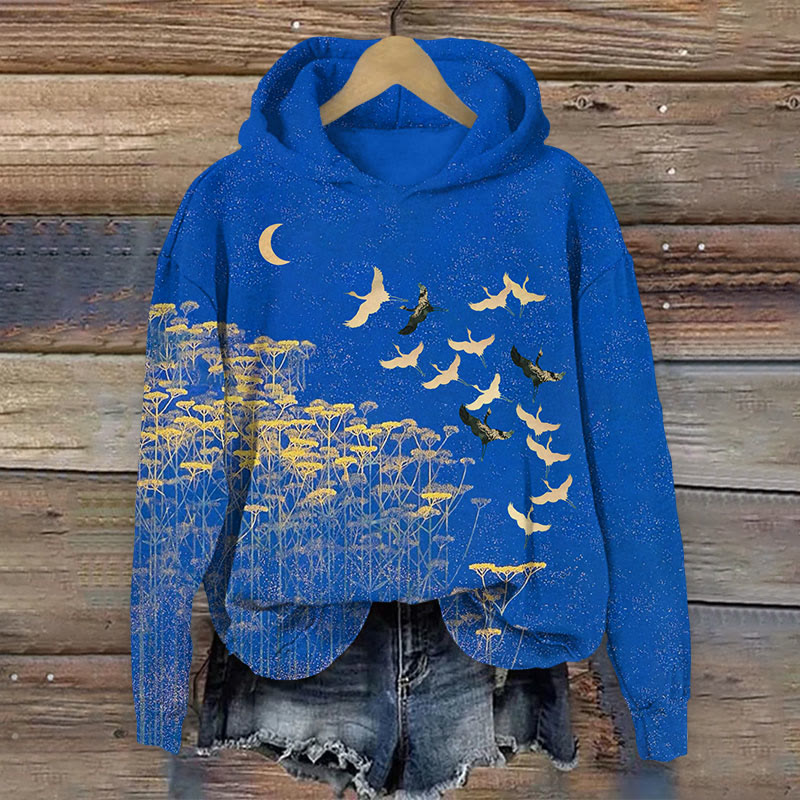 Japanese Style Flying Cranes And Plants Print Long Sleeve Hoodie - Blue - US44-46(8XL) - image 1
