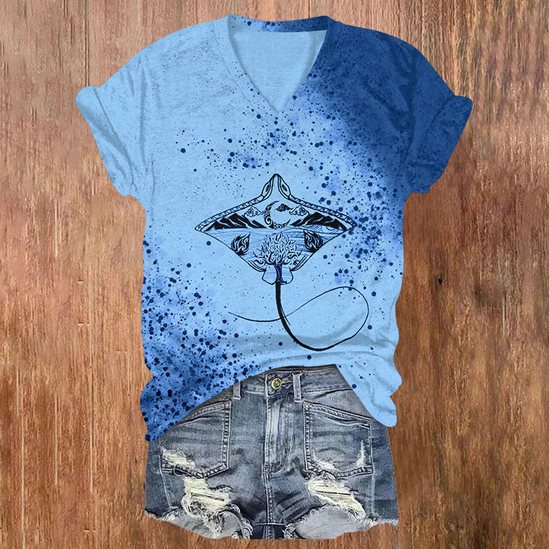 Ink Art Manta Ray Print V-neck T-shirt - Dark Blue - US32-34(5XL) - image 2