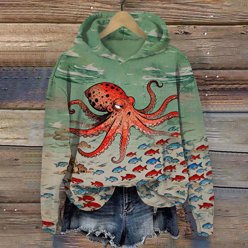 Ocean Octopus and school of fish  Print Long Sleeve Hoodie - Green - US44-46(8XL) - image 1