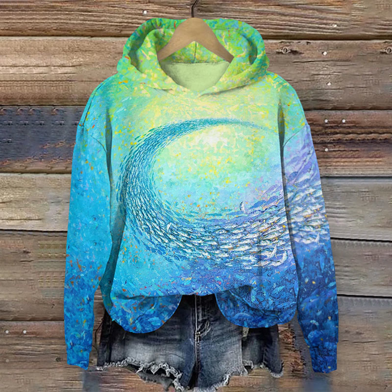 Colorblock Art School Of  Fishes Print Long Sleeve Hoodie - Multicolor - US44-46(8XL) - image 1