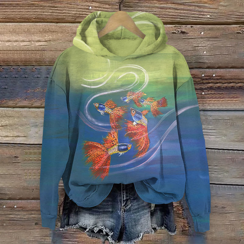 Colorblock Art Of School Fishes Print Long Sleeve Hoodie - Multicolor - US44-46(8XL) - image 1