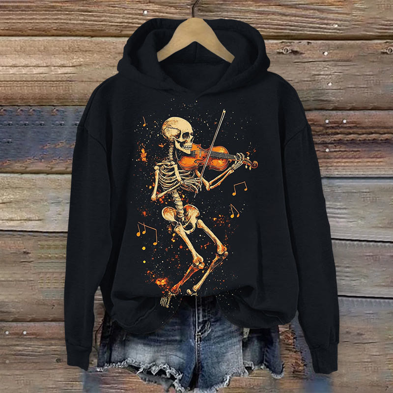 Skeleton Playing The Violin Print Long Sleeve Hoodie - Black - US44-46(8XL) - image 1