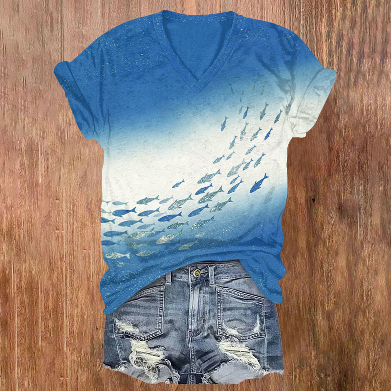 Art School Of Fishes Print V-neck T-shirt - Blue - US32-34(5XL) - image 2