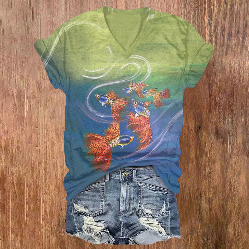 Colorblock Art Of School Fishes Print V-neck T-shirt - Multicolor - US32-34(5XL) - image 1