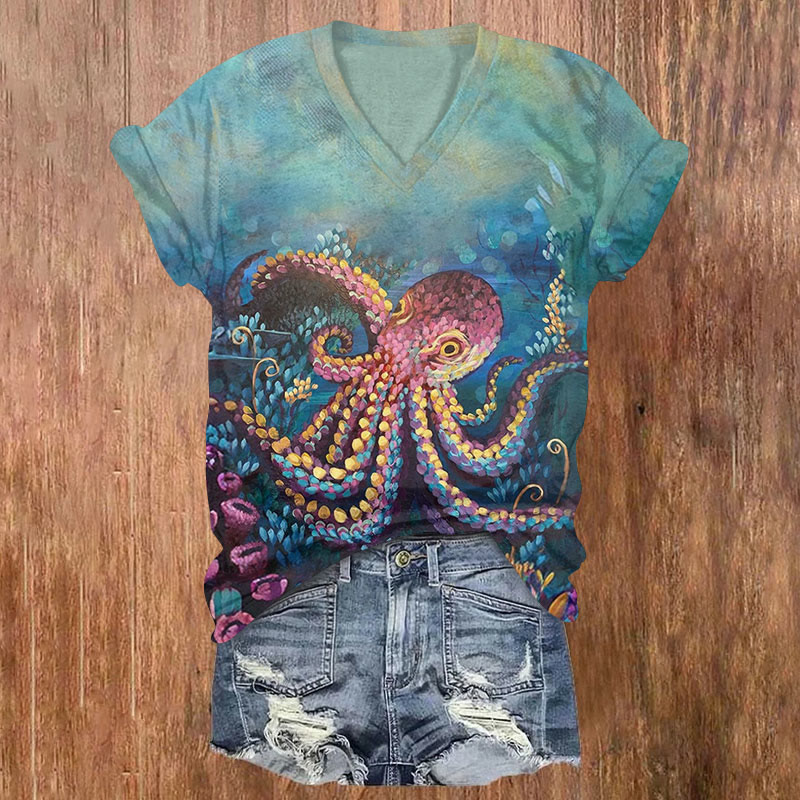 Artistic octopus and corals under the sea Print v-neck T-Shirt - Green - US32-34(5XL) - image 1