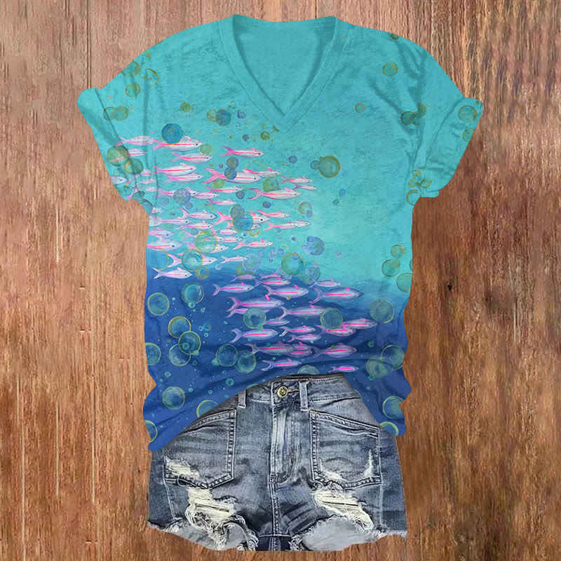 Schools Of Fish And Bubbles Print V-neck T-shirt - Lake Blue - US32-34(5XL) - image 1