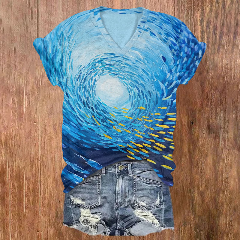 Swirling Fish Shoals On The Seabed Print V-neck T-shirt - Blue - US32-34(5XL) - image 1