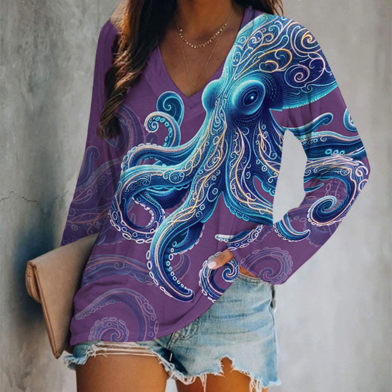 Vintage Wise Ocean Octopus Print Long Sleeve T-shirt - Purple - 5XL - image 2