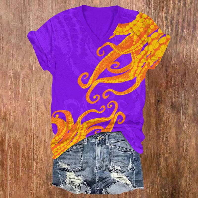 Vintage Contrasting Color Octopus Tentacles Print V-neck T-shirt - Purple - US32-34(5XL) - image 2