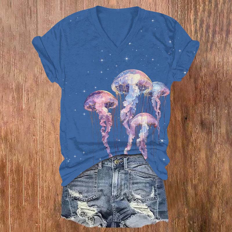 Vintage Starry Fantasy Glowing Jellyfish Print V-neck T-shirt - Blue - US32-34(5XL) - image 2