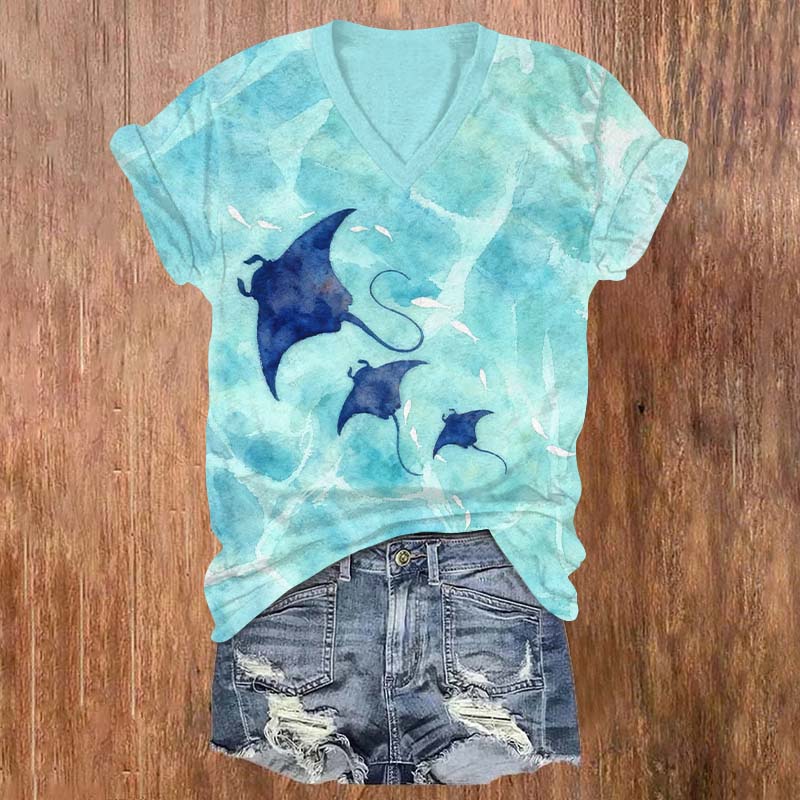 Sparkling Ocean Ray Print V-neck T-shirt - Blue - US32-34(5XL) - image 1