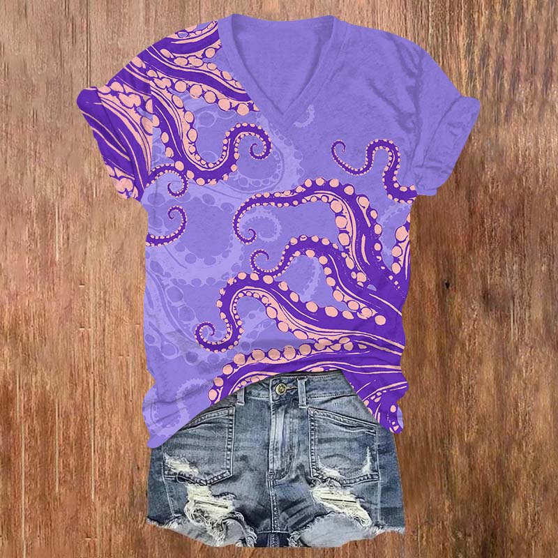 Vintage Contrasting Color Octopus Tentacles Print V-neck T-shirt - Purple - US32-34(5XL) - image 2