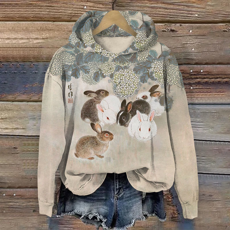 Japanese Cute School Of Rabbits Play Under Bloom floral Print Long Sleeve Hoodie - Apricot - US44-46(8XL) - image 1