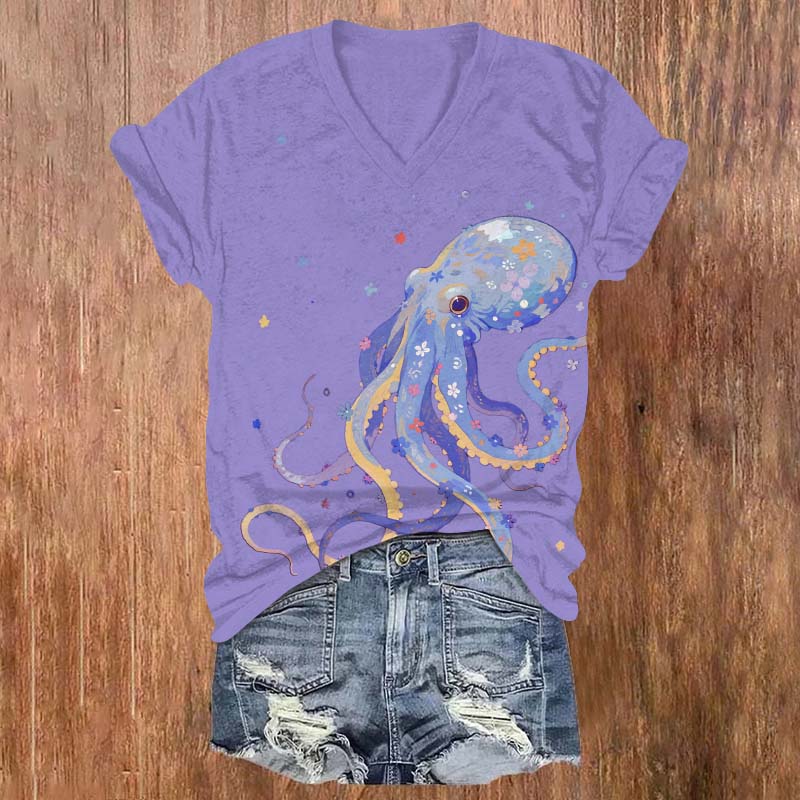 Lovely Floral Octopus Print V-neck T-shirt - Purple - US32-34(5XL) - image 2