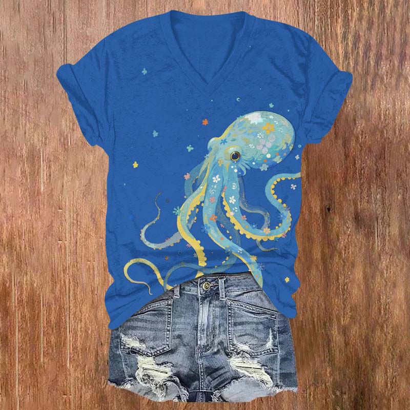Lovely Floral Octopus Print V-neck T-shirt - Blue - US32-34(5XL) - image 1