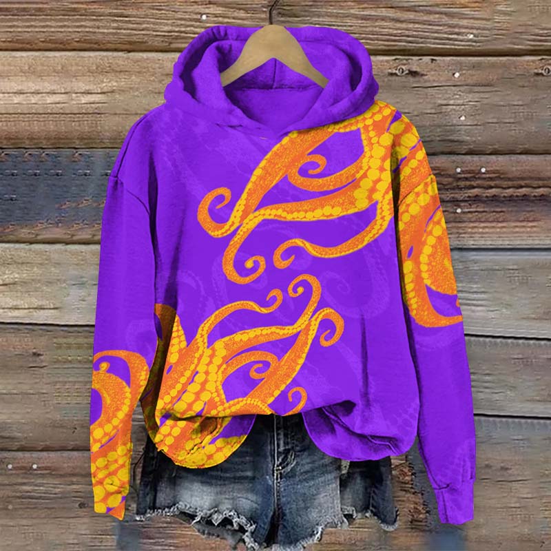 Vintage Contrasting Color Octopus Tentacles Print Long Sleeve Hoodie - Purple - US44-46(8XL) - image 2