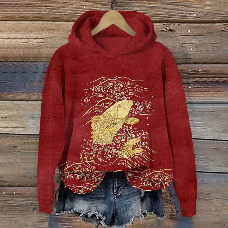 Japanese Gold Fish With Wave Print Long Sleeve Hoodie - Red - US44-46(8XL) - image 3