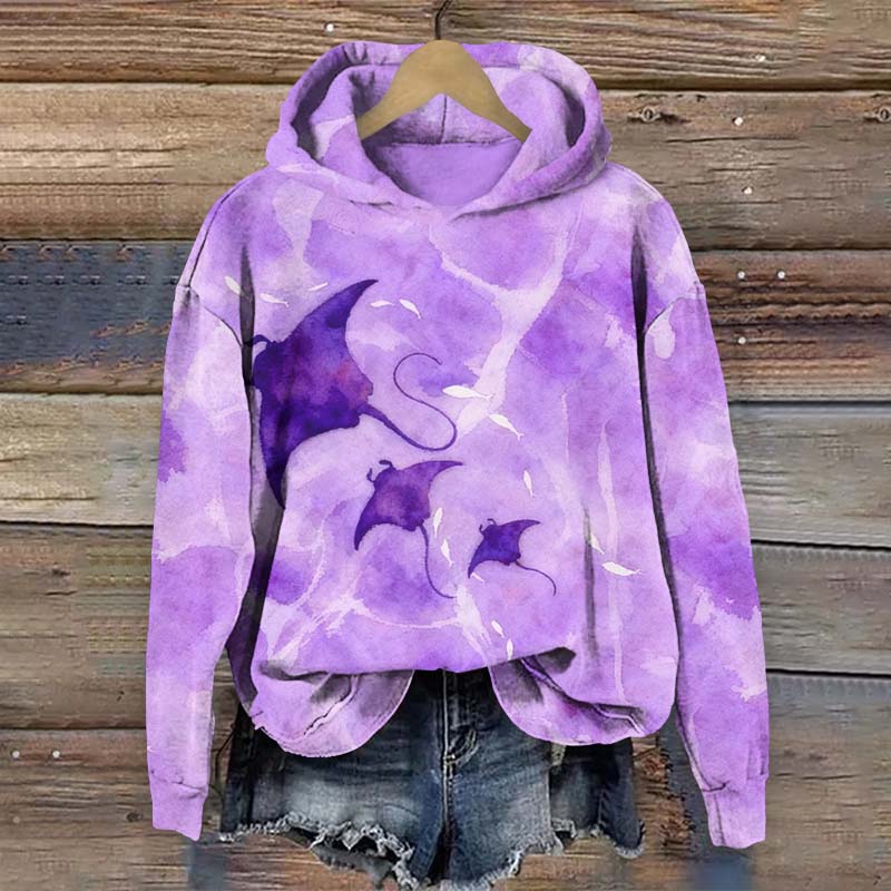 Sparkling Ocean Ray Print Long Sleeve Hoodie - Purple - US44-46(8XL) - image 2