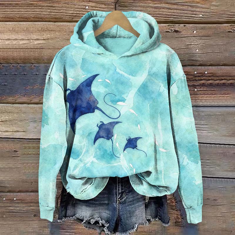 Sparkling Ocean Ray Print Long Sleeve Hoodie - Blue - US44-46(8XL) - image 1