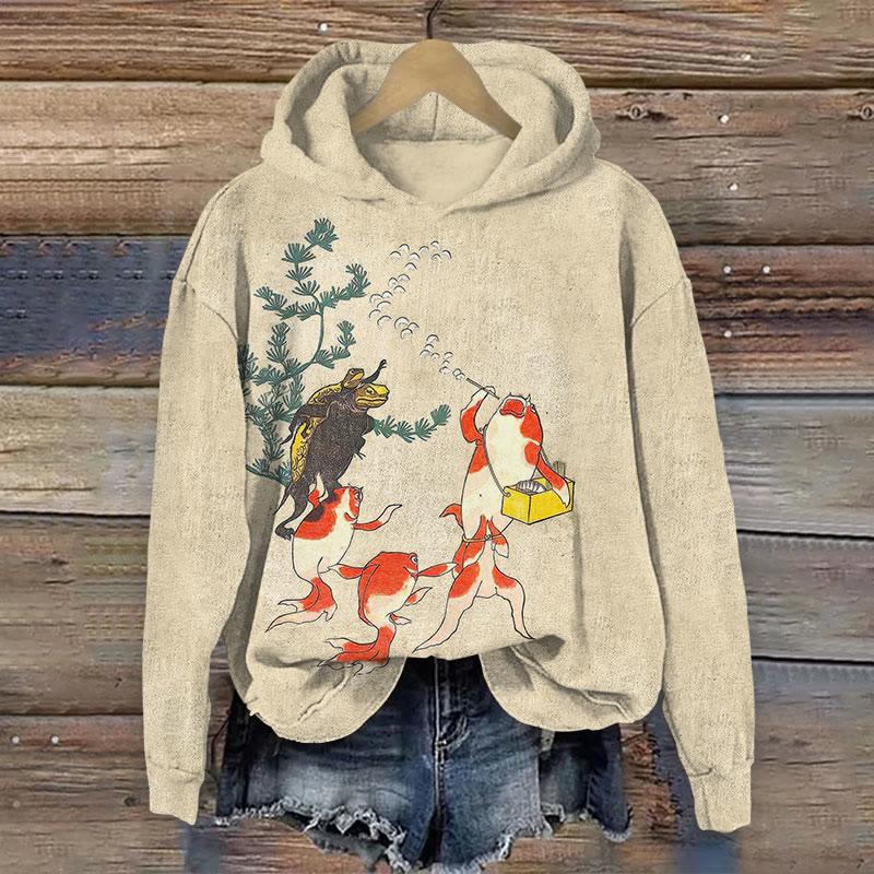 Japanese Gold Fish Making Bubbles Print Long Sleeve Hoodie - Apricot - US44-46(8XL) - image 2