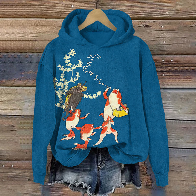 Japanese Gold Fish Making Bubbles Print Long Sleeve Hoodie - Lake Blue - US44-46(8XL) - image 1