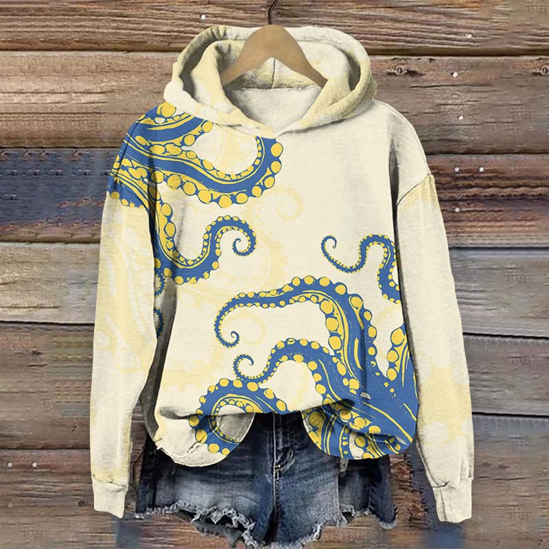 Vintage Contrasting Color Octopus Tentacles Print Long Sleeve Hoodie - Apricot - US44-46(8XL) - image 1