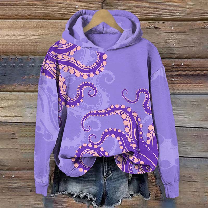 Vintage Contrasting Color Octopus Tentacles Print Long Sleeve Hoodie - Purple - US44-46(8XL) - image 3