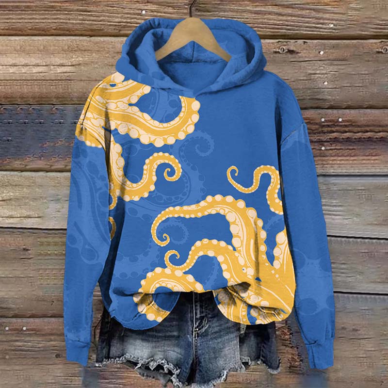 Vintage Contrasting Color Octopus Tentacles Print Long Sleeve Hoodie - Blue - US44-46(8XL) - image 2