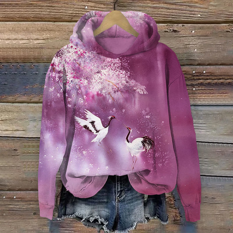Japanese Cranes Play Under Bloom Floral Print Long Sleeve Hoodie - Rose - US44-46(8XL) - image 1