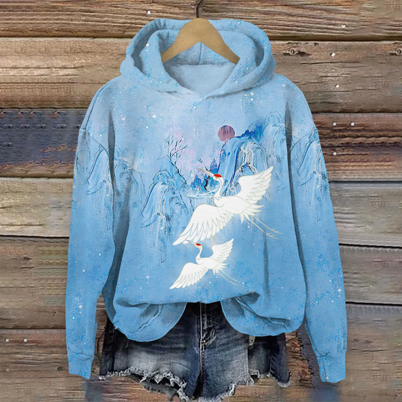 Japanese Cranes Flying Across Mountain Print Long Sleeve Hoodie - Blue - US44-46(8XL) - image 2