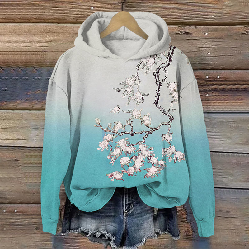 Japanese Watercolor Print  Rabbits On The Tree Long Sleeve Hoodie - Green - US44-46(8XL) - image 2