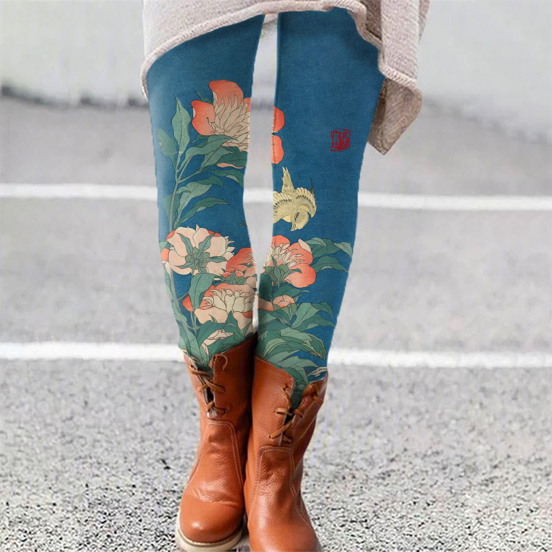 Japense Vintage Wise Floral Print Leggings - Navy Blue - 5XL - image 1