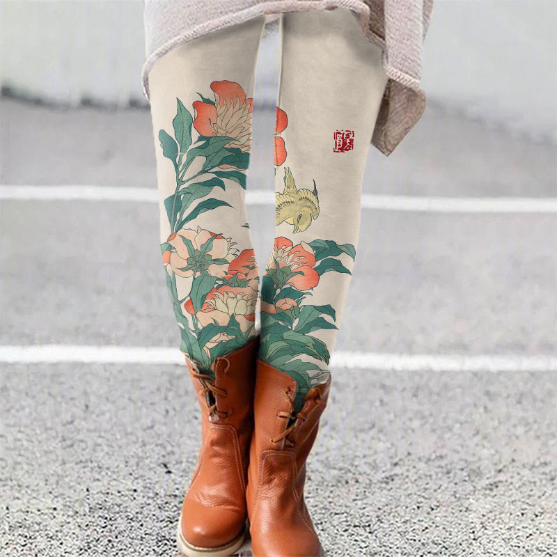 Japense Vintage Wise Floral Print Leggings - Beige - 5XL - image 2