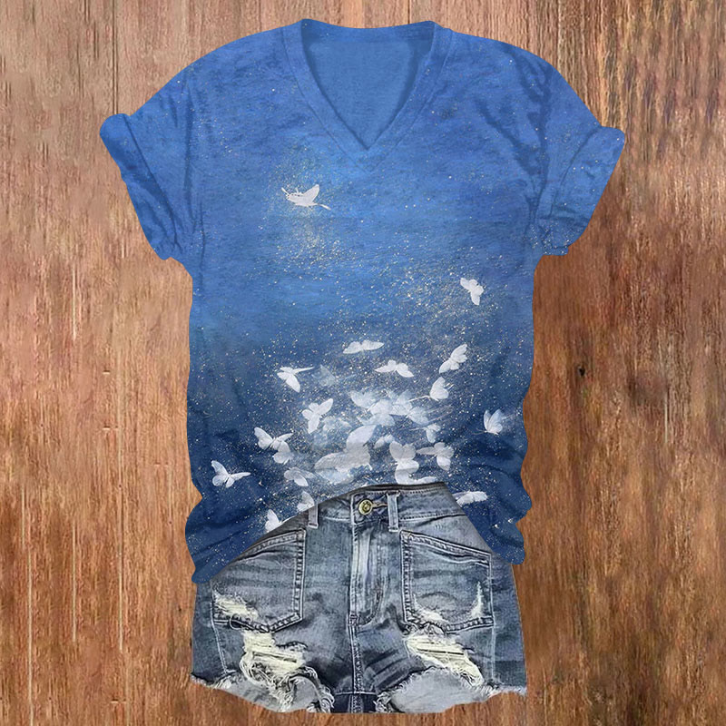 Japanese Butterfly Flying At Night Print V-neck T-shirt - Blue - US32-34(5XL) - image 1