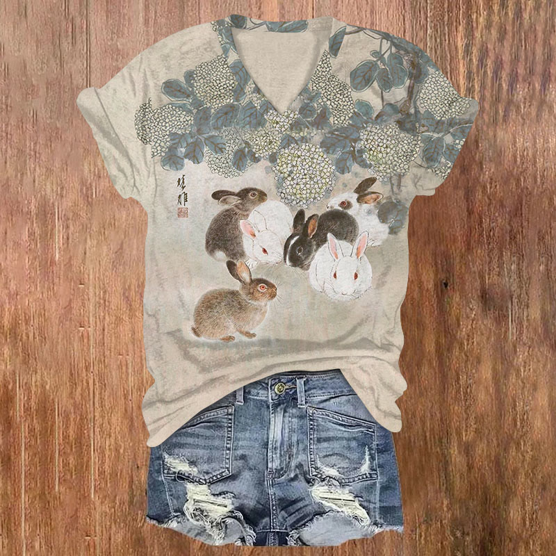  Art Manta Ray With Undersea Flowers Print V-neck T-shirt - Apricot - US32-34(5XL) - image 1