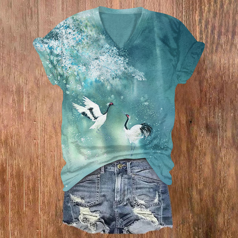 Japanese Cranes Play Under Bloom Floral Print V-neck T-shirt - Green - US32-34(5XL) - image 2