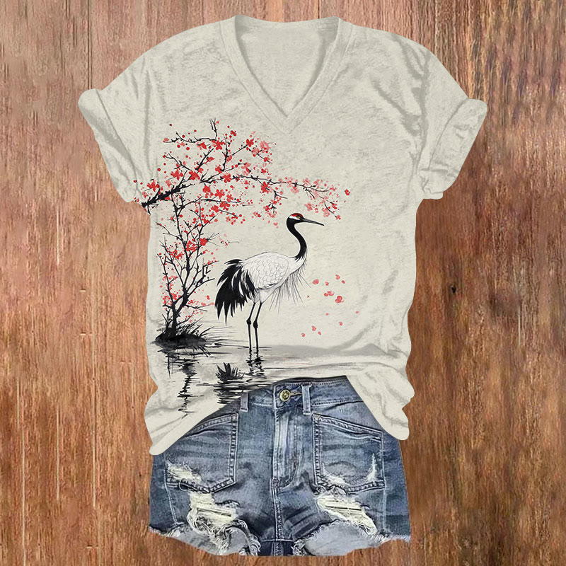 Japanese Crane With Floral  Print V-neck T-shirt - Apricot - US32-34(5XL) - image 1