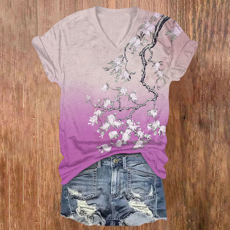 Japanese Watercolor Print Rabbits On The Tree V-neck T-shirt - Purple - US32-34(5XL) - image 2