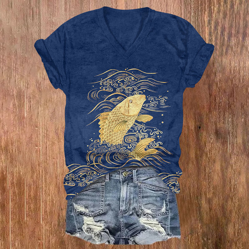 Japanese Gold Fish With Wave Print V-neck T-shirt - Blue - US32-34(5XL) - image 2