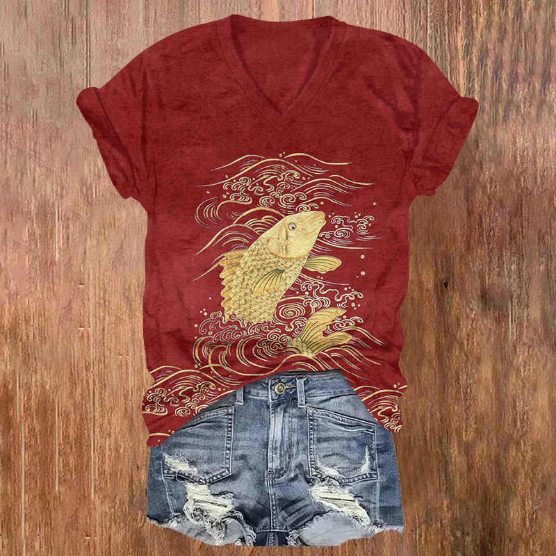 Japanese Gold Fish With Wave Print V-neck T-shirt - Red - US32-34(5XL) - image 1