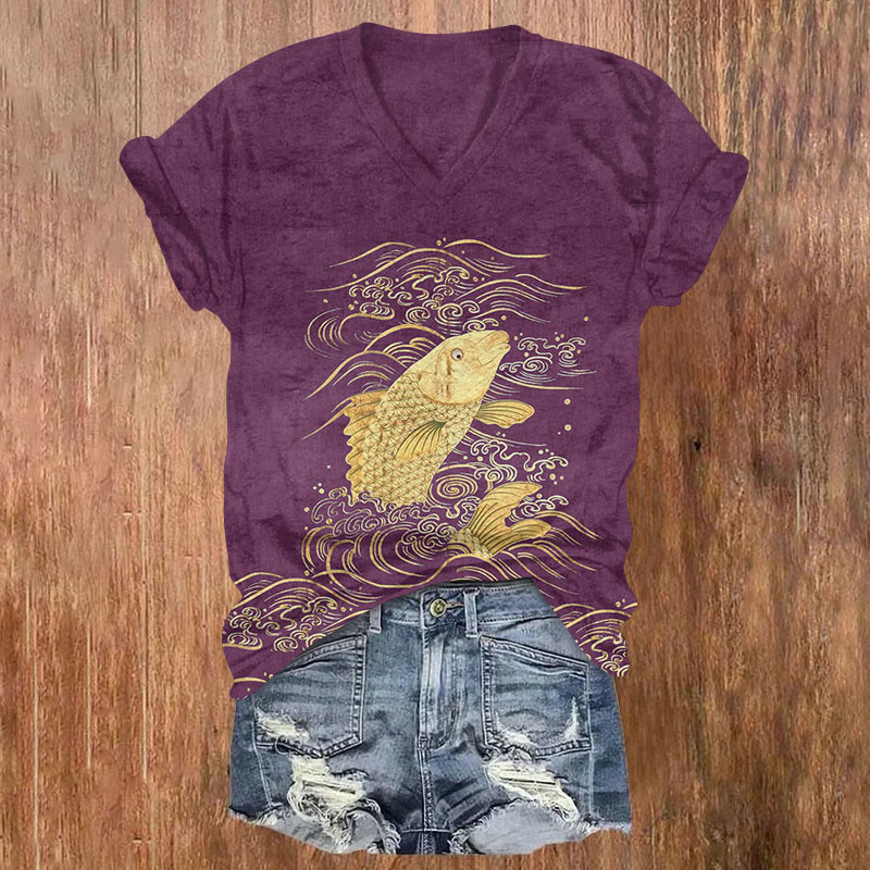 Japanese Gold Fish With Wave Print V-neck T-shirt - Purple - US32-34(5XL) - image 4