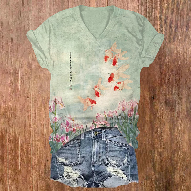 Japanese Cute School Of Rabbits Play Under Bloom Floral  Print V-neck T-shirt - Green - US32-34(5XL) - image 1