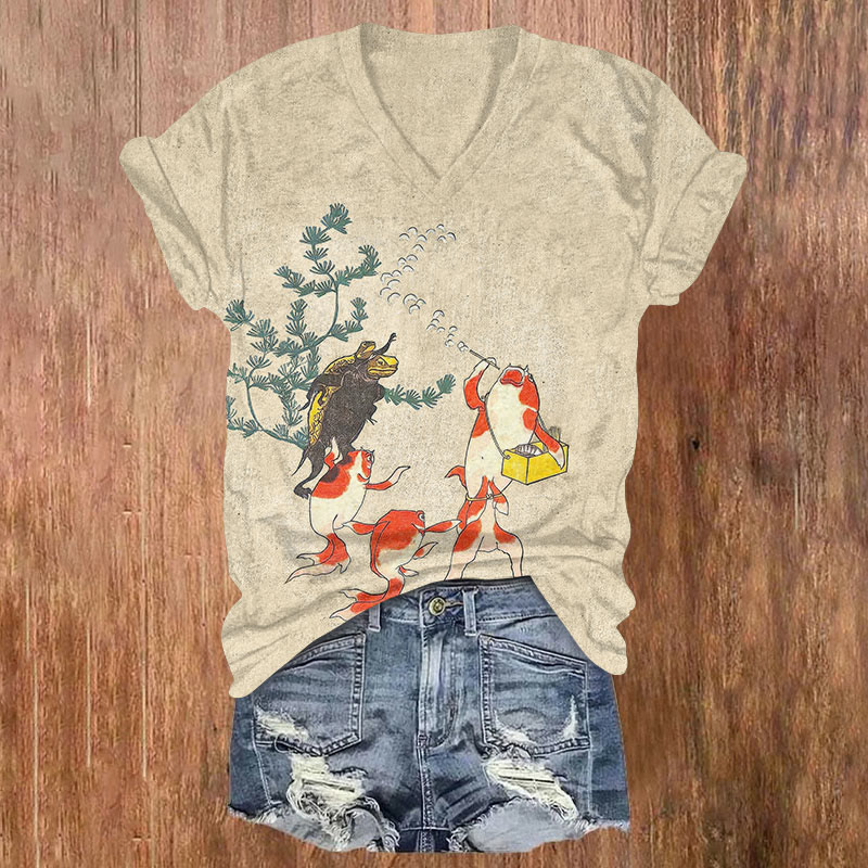 Japanese Gold Fish Making Bubbles Print V-neck T-shirt - Apricot - US32-34(5XL) - image 2