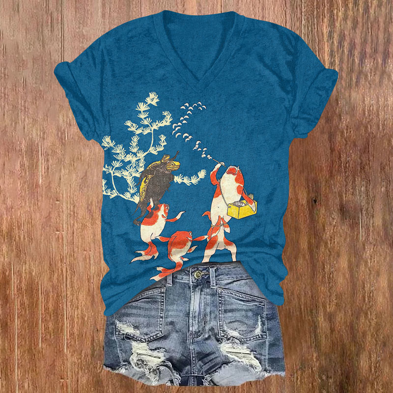 Japanese Gold Fish Making Bubbles Print V-neck T-shirt - image 1